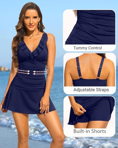 Image of Aqua Eve Women Tankini with Skirt - Tummy Control Swimsuit Two Piece Bathing Suit Ruffle Swimwear Ladies Swim Suit