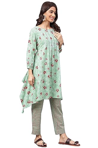 Image of Janasya Women's Green Cotton Floral Printed Kurta with Pant