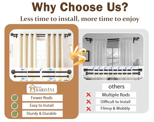 Image of KAMANINA 1 Inch Double Curtain Rods 66 to 120 Inches (5.5-10 Feet) Telescoping Heavy Duty Drapery Rod for Windows 54 to 115, Netted Texture Finials, Antique Bronze