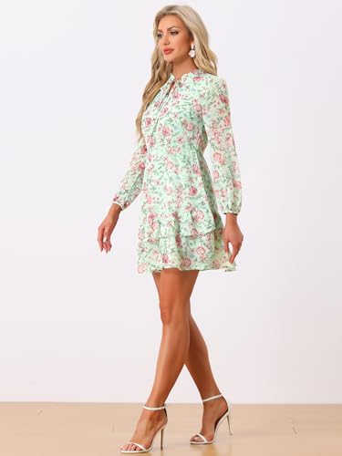 Image of Allegra K Women's Spring Dresses 2026 Tie V Neck Semi Sheer Long Sleeve Layered Tiered Chiffon Mini Floral Dress