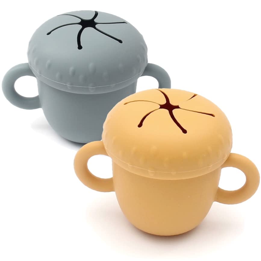 Image of Carrot's Den Snack Cup 2 Pack | 100% Food Grade Silicone Acorn Snack Catcher Cup for Baby + Toddler (Mustard & Blue)