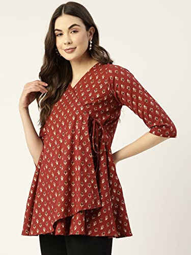 Image of feranoid Floral Print Angrakha 3 Sleeves Flared Kurti