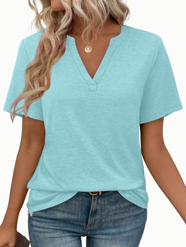 Image of WEESO Womens Tops Summer Short Sleeve V Neck Blouses Business Casual Loose Fit Tshirts Trendy Fashion Outfits