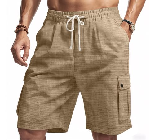 Linen Shorts for Men Summer Drawstring Elastic Waist Cargo Shorts Casual Solid Lightweight Beach Tops with Pockets2