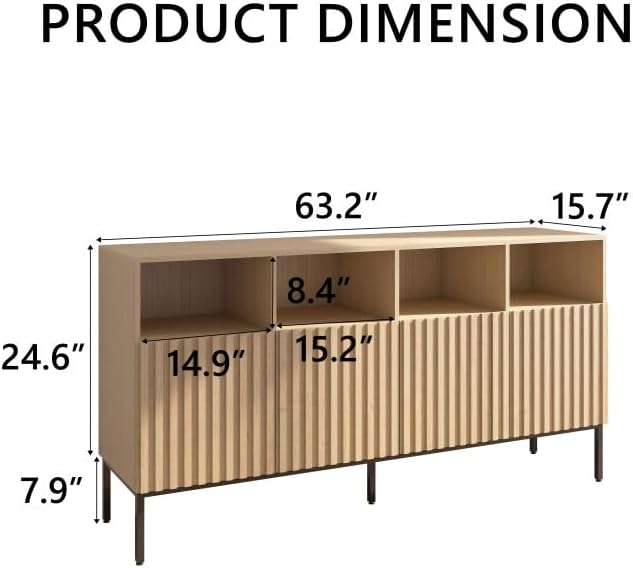 Miniatura 3 de Oxford - Armario de almacenamiento estriado, aparador de buffet con puertas, consola decorativa para sala de estar, comedor, entrada, roble natural