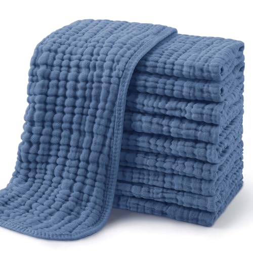 Image of Yoofoss Muslin Burp Cloths for Baby 10 Pack 100% Cotton Baby Washcloths for Boys Girls Large 20''X10'' Super Soft and Absorbent Dark Blue