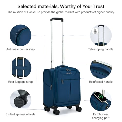 Image of Hanke 45CM Small Soft Shell Cabin Trolley Bags, 8 Silent Spinner Wheels,Charging Port, 8 Storage Compartments, Lightweight Compact Carry-On Luggage for Short Trips & Overnight Use,Blue