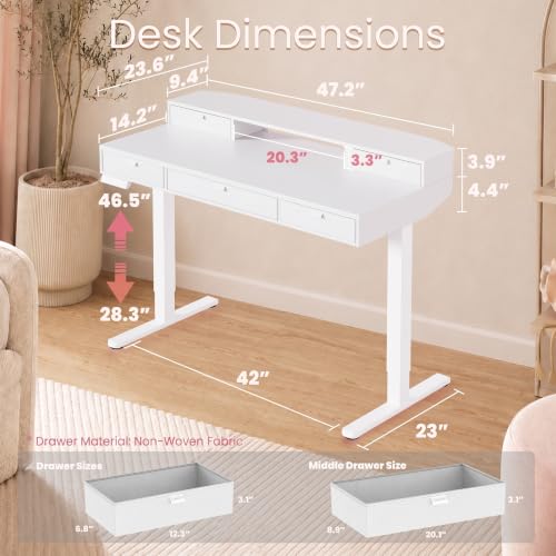 Image of HUANUO 48-Inch Electric Height Adjustable Vanity Desk with 4 Drawers | 4 Memory Heights; 28.3-46.5 in Range; Quiet Lift under 50 dB; Multi-Drawer Storage; Sit-Stand Makeup, Work & Study Desk