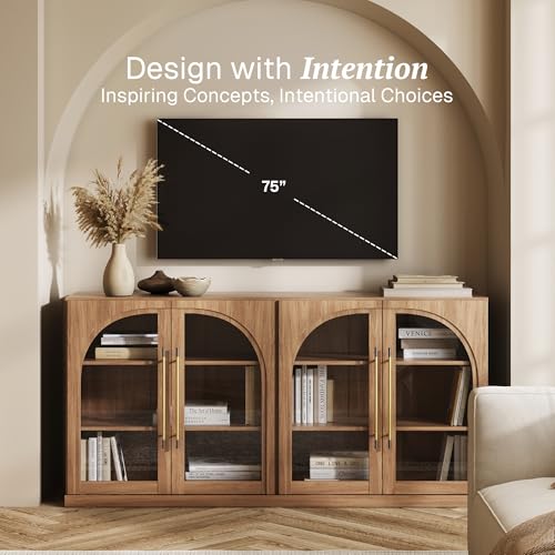 Image of BELLEZE 65 inch Arched Sideboard with Glass Door, Accent Buffet Cabinet with Storage and Adjustable Shelves, Classic Modern Large Console Table for Dining Room Living Room Entryway (Camel)