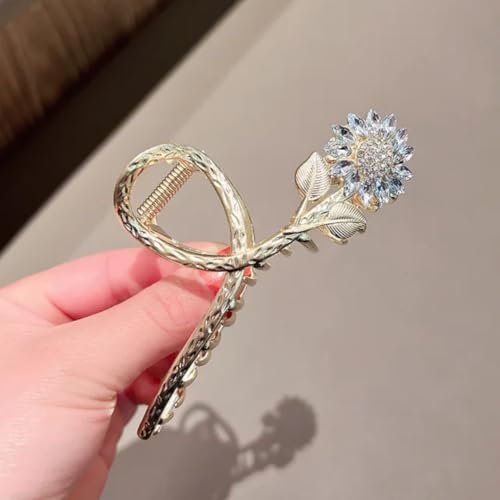 Image of Diversa Rhinestone Golden Claw Clip, Embellished Korean Clutcher, Non- Slip Metal Claw Clip for Girls, Fancy Clutcher for Women, Pack of 1 (Sunflower)