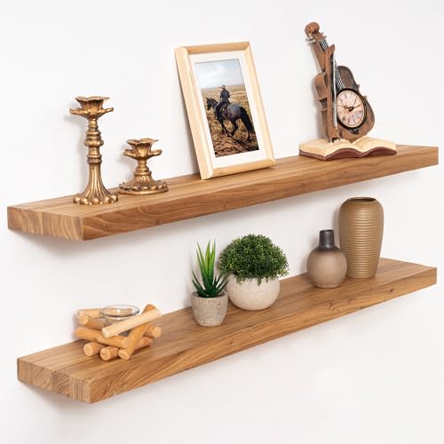 Marsmiles 36 inch Floating Shelves for Wall Solid Elm Wood Shelves|Rustic Wall Shelves with Invisible Heavy-Duty Bracket for Bathroom Living Room Kitchen|Natural 2 Pack