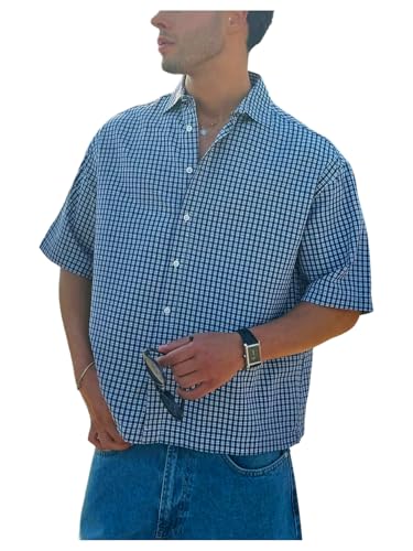 GORGLITTER Men's Plaid Button Down Up Cropped T Shirt Checkered Short Sleeve Collar Loose Street Tops