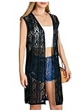 Verdusa Women's Sleeveless Cardigan Summer Crochet Coverups Lightweight Knit Long Vest Black Medium