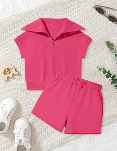 Image of Girls Clothes Solid Lapel Neck Quarter Zipper Cap Sleeve Top and Shorts Set Size 7-14 Years