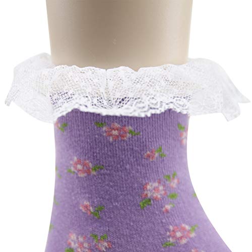 Image of KitNSox Funcat Women's Lace Ruffle Frilly Colorful Floral Cotton Casual Novelty Ankle Socks 4 /5 /6 Pairs