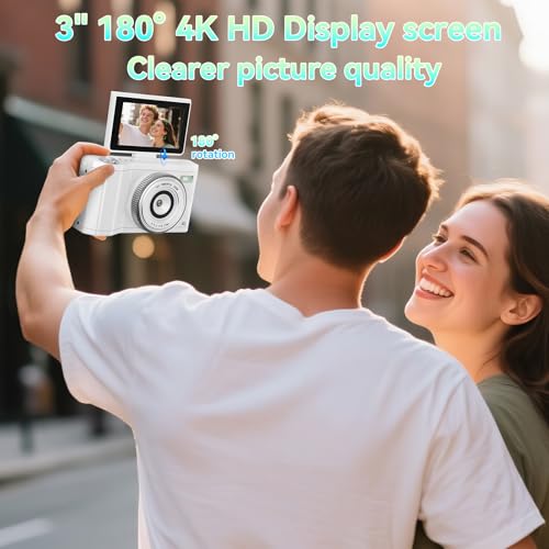 Image of 4K Digital Camera for Photography,64MP Vlogging Camera for YouTube with 3 inch 180 Flip Screen,18X Digital Zoom Point and Shoot Camara with 64GB Micro SD Card (White)