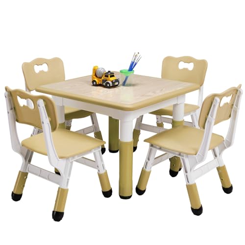 Image of 5PCS Kids Table and Chairs Set, Height Adjustable Toddler Table w/4 Chairs for Boys and Girls Ages 2-10, Children Multi-Activity Study Table w/Non-Slip Legs, Graffiti Desktop for Classrooms/Daycares