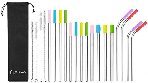 Extraw | Set of 16 Reusable Stainless Steel Smoothie/Shake, Regular and Extra Long