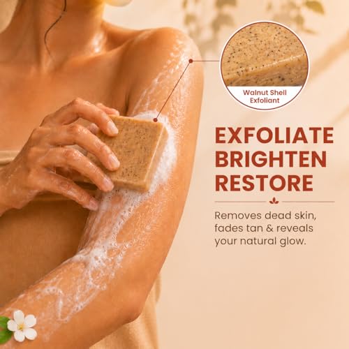 Image of The Wellness Shop Sandalwood Saffron Detan Soap | Dark Spot, Tan Removal Skin Brightening, Exfoliating Soap | Chandan Kesar Handmade Bathing Bar | Paraben Free | Face Body Soap for Men Women| Pack of 2
