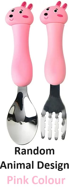 Image of 2 Piece Kids Stainless Steel Cutlery Set with Fork & Spoon, Cute Animal Handle Cutlery with Travel Storage Box (1 Spoon + 1 Fork, Random Design, Pink Colour)