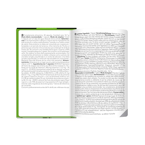 Morosil, Grüner Tee, Vitamin C, Vitamin B6, Cayennepfeffer und Koffein - Thermogenese, Stoffwechsel, Bauch - 30 Kapseln für 30 Tage - Mit Kostenlosem E-Book-Guide - AdipoBurn XXL - Slimmium Sensilab