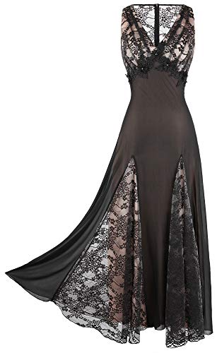 Angel-fashions Robe de bal trapèze avec col en V profond et dentelle florale pour femme, noir, Taille S