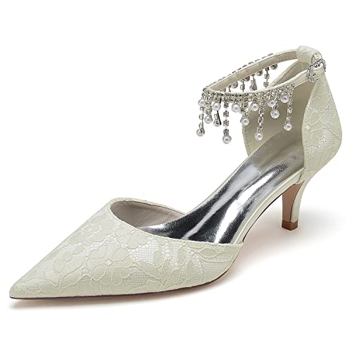 Women's Lace Wedding Shoes for Bride Pearl Tassel Bridal Shoes Opinted Toe Ankle Strap Bridals Heels