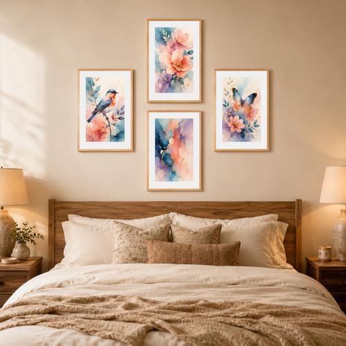 Image of Livin'luxe Set of 4 Watercolor Floral Bird & Butterfly Wall Paintings with Sparkle Laminate and Premium Wooden Synthetic Frame for Living Room Bedroom Office Decor (13.5 x 19.5 Inch)