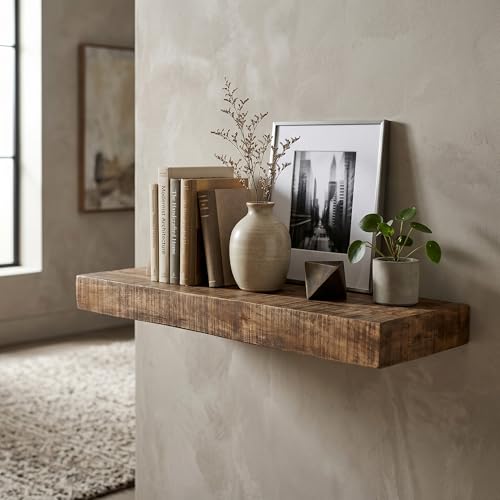 Hives & Honey Hawthorne Floating Shelf 36 Inch, Solid Mango Wood Wall Mounted Shelf, Hidden Bracket Design, Heavy Duty Storage Shelf, Light Wash Rustic Décor by Hives and Honey - Image 2