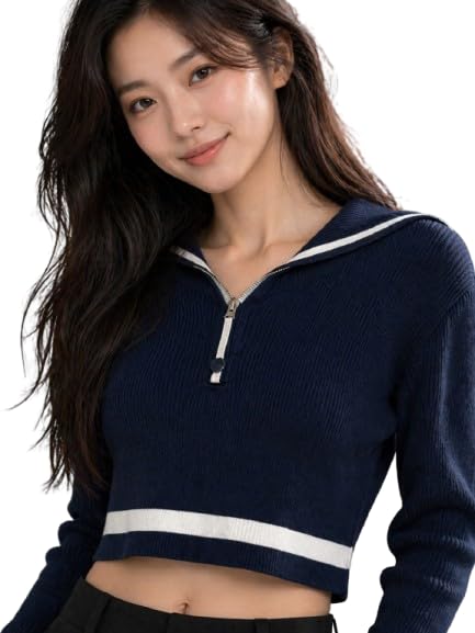 Women's Navy Blue Ribbed Knit Crop Sweater with Half Zip-picture-18