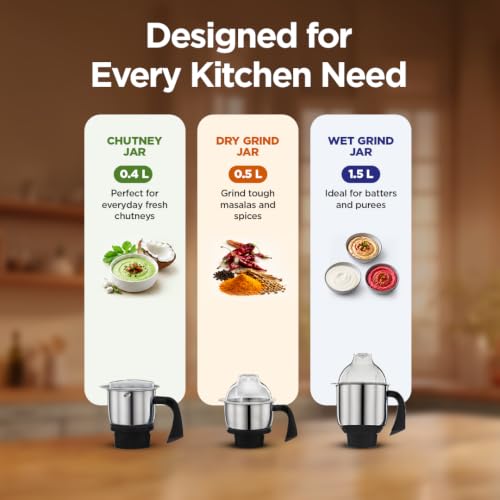 Image of Preethi Diamond 750 Watts Mixer Grinder | 3 Stainless Steel (SS) Jars + Flexi Lid | Ideal for Masalas, Chutneys & Batters | Lifelong Free Service, Black