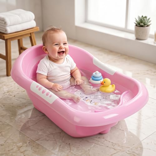 Image of Baybee Lovely Baby Bath Tub for 0 to 5 Years | Ergonomic Bath Tub for Kids with Quick Drain & Storage | Premium Baby Bather with Non Slip Base & Side Grip Bathing Tubs for Boys Girls (Pink)