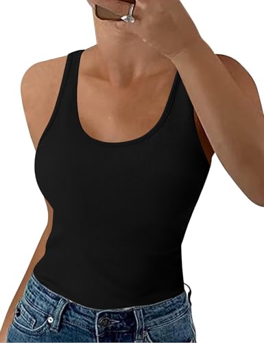 Aottori Black Tank Tops Women Summer Sleeveless Vest Basic Ribbed Camisole Shirt Sexy Slim Fit Stretch Solid Casual Cami Undershirt Black L