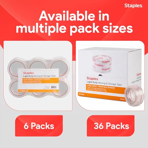 Image of Staples Lightweight Moving & Storage Packing Tape, 1.88x54.6 Yds, 6-Pk | For sealing boxes for moving, storage, and everyday shipping needs.