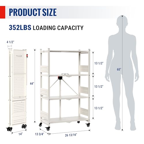 Image of WORKPRO 4-Tier Folding Shelf, No-Assembly Metal Storage Rack with Wheels, 600 lbs Capacity (with Leveling Feet), Collapsible Shelving Unit for Kitchen, Pantry, Closet & Craft Shows - White