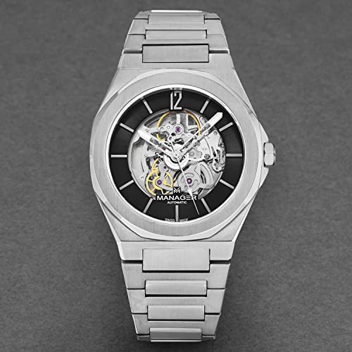 Manager Men's 'Open Mind' Black Dial Stainless Steel Bracelet Automatic Watch MAN-RO-01-SM4