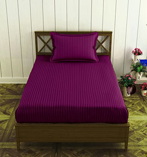 Image of Trance Home Linen 100% Cotton 75x36 inch Single Fitted 200TC Satin Stripe Elastic Fitted Bedsheet | Single Bed Size Daily use Fitted Bedspread with 1 Pillow Covers (75 inchx36 inch | 6.25x3 feet,Deep Wine)