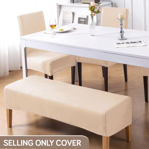 Image of HOKIPO 'SereneSolids' 140 GSM Polyester Blend Cover Set for 4 Dining Chairs + 1 Dining Bench, Beige (AR-6282-BGE)