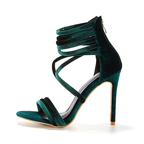 Women Cross Strap Suede High Heel Shoes Open Toe Sexy Evening Sandals Strappy Stilettos with Back Zip Green4