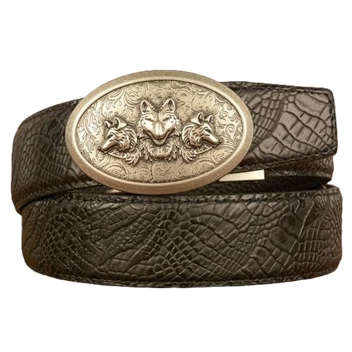 Ceinture à cliquet homme en cuir gaufré crocodile avec boucle loup ajustable