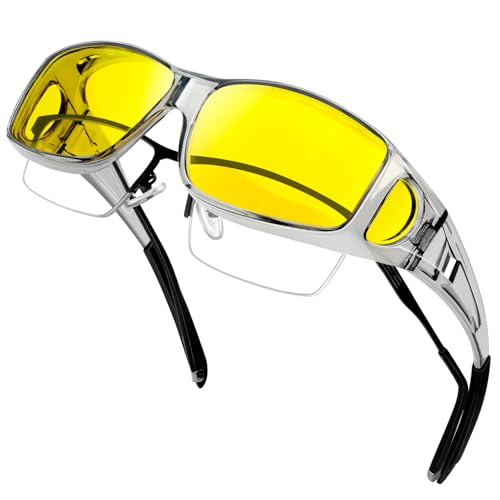 KANASTAL Occhiali Guida Notturna Uomo Donna Gialle Sovraocchiali Visione Notturni Notte Rettangolari Montatura Trasparente Avvolgenti Yellow Night Driving over Glasses -Cornice Grigio Lenti Gialli