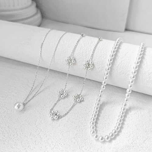 Image of Zeffy Gold Pearl Necklace for Women, Dainty 14K Gold /Silve Plated Layered Pearl Choker Pearl Earrings Pearl Bracelets Wedding Trendy Gold Jewelry Set for Women Gifts