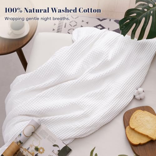 Image of PHF 100% Cotton Waffle Weave Throw Blanket 50 inch x 60 inch-Lightweight Cozy Washed Soft Breathable Throw Blanket for Adults and Kids-Great Blanket Layer for Couch Bed Sofa-Elegant Home Decoration- White | Pre-washed Natural Soft Cozy Summer Throw for Hot Sleepers, Textured Decorative Layer for Couch Sofa Guest Room, Giftable