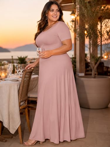 Image of SUZONANA Plus Size Maxi Dress for Curvy Women Summer Casual Sundress Short Sleeve Loose Vacation Dress