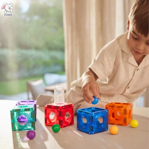 Image of Storio Magnetic Ball Runner Tiles Building Set for Kids | 25 PCS STEM Educational Toy with Marble Run, Slides & Windows | 3D Magnetic Blocks Construction Toy for Boys & Girls Age 3+ | Learning Toy