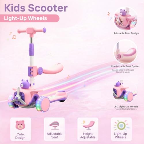 Image of 2-in-1 Multi Mode Kick Scooter for 3-10 Years Old Kids | 3-Level Height Adjustable Handlebar | Music & PU LED Flashing Wheels | Foldable and Lightweight (KS-213 Pink /Purple)