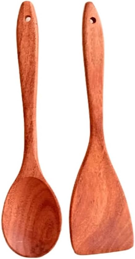 Long Wooden Utensils Set for Cooking | Solid Sheesham Wood Spatula & Spoon for Kitchen Non Stick Cookware (Natural Brown, Spatula & Spoon (Pack of 2))