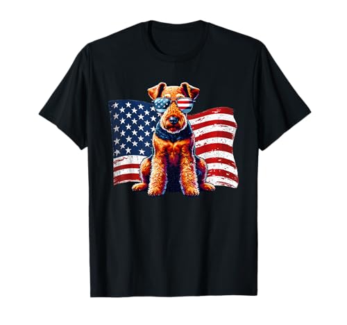 Vintage Airedale Terrier American Flag Sunglasses Patriotic T-Shirt