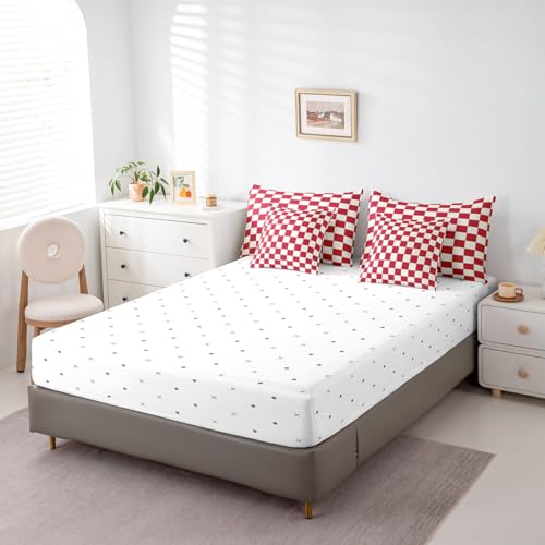 Image of Erosebridal Plaid Queen Comforter Set 7 Piece Beige Red Checkerboard Bed in A Bag with Sheets Geometric Checkered Bedding Set for Kids Boys Girls,Aesthetic Grid Bed Set