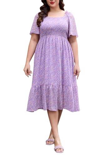 Image of Keluummi Plus Size Wedding Guest Maxi Dresses for Curvy Women, Summer Casual Boho Floral Smocked Empire Waist A Line Sundress